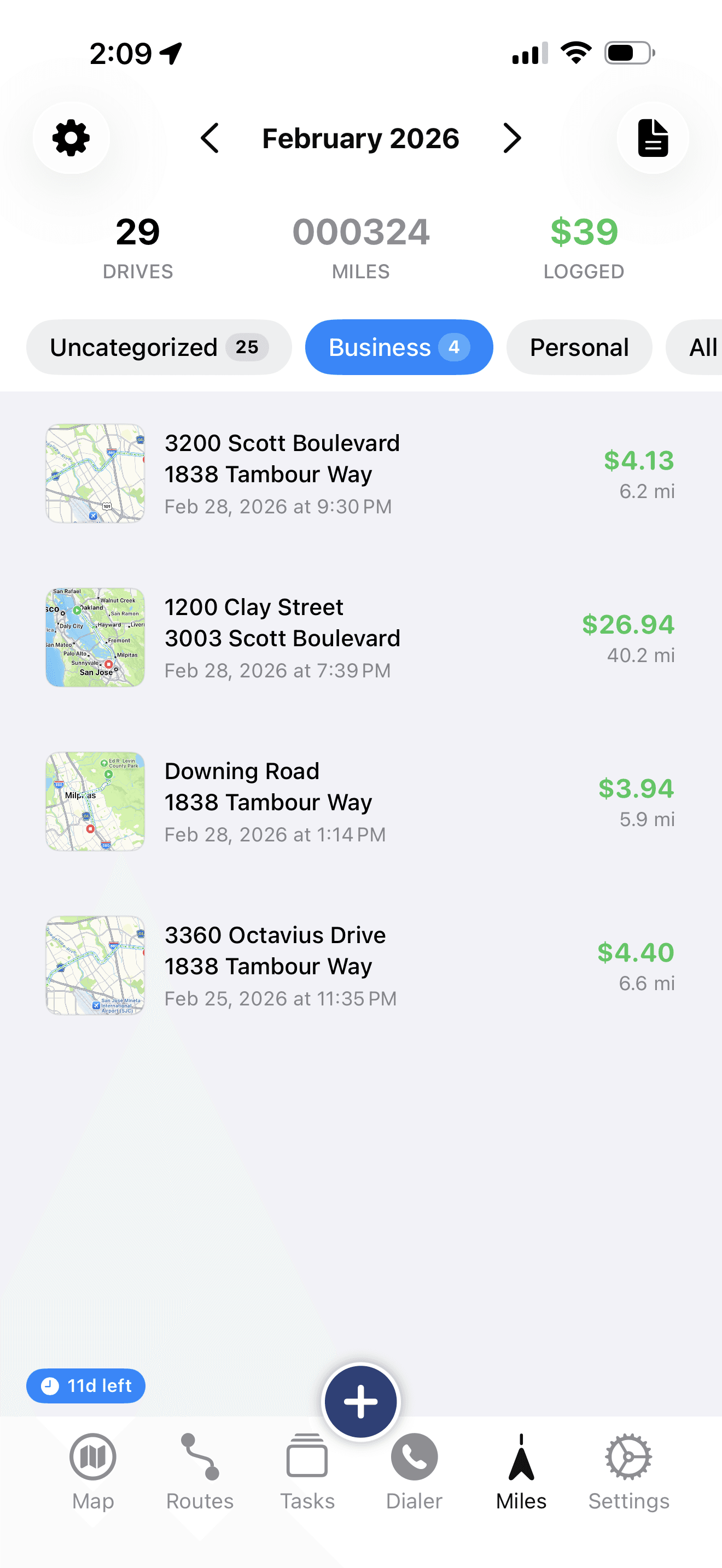 Mile Tracker Pro — Business trips view showing logged drives with map thumbnails and deduction amounts