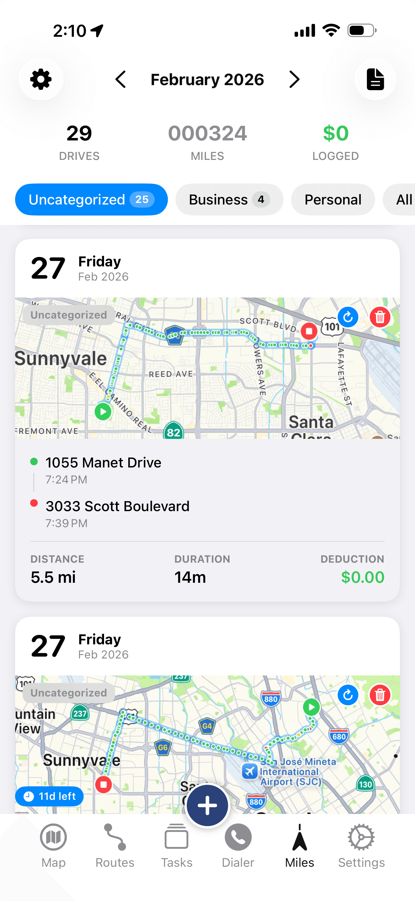 Mile Tracker Pro — Automatic trip tracking with map view showing routes in Sunnyvale and Santa Clara